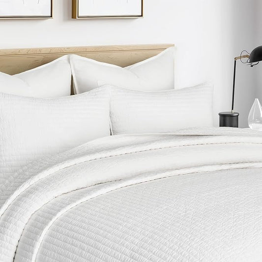 EVERGRACEHOME Cross Stitch Pre-Washed Cotton Quilt Bedding Set Queen Size, Oversized 3 Pieces Lightweight Bedspread Coverlet for All Season, with 2 Matching Shams, Bright White, 92"x96"