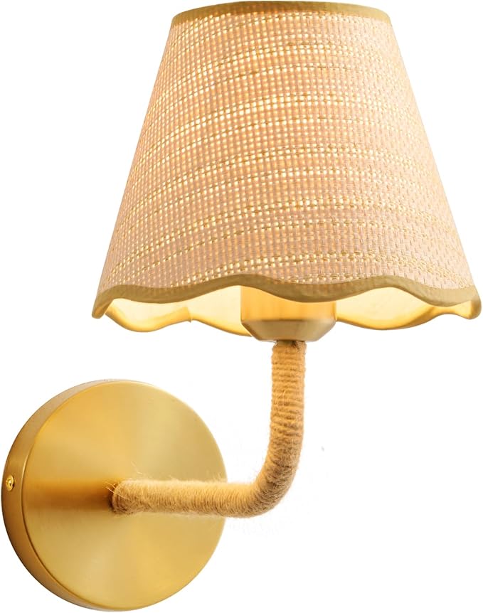 Boho Hand Woven Ratten Wall Sconce, Single Wall Sconce with Grass-Woven Lampshade for Bedroom Living Room Hallway Porch, E26 Base, (Hardwired (1 Pack))