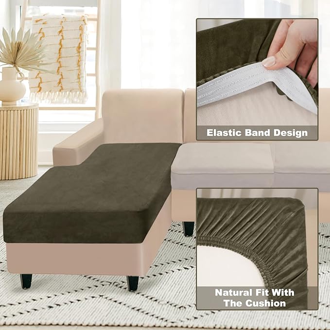 NAISI Sectional Couch Cover 1 Piece Velvet Separate Chaise Lounge Cover Soft Stretch Sofa Slipcovers for Left/Right Chaise Sectional Couch(Chaise Lounge,Olive Green)