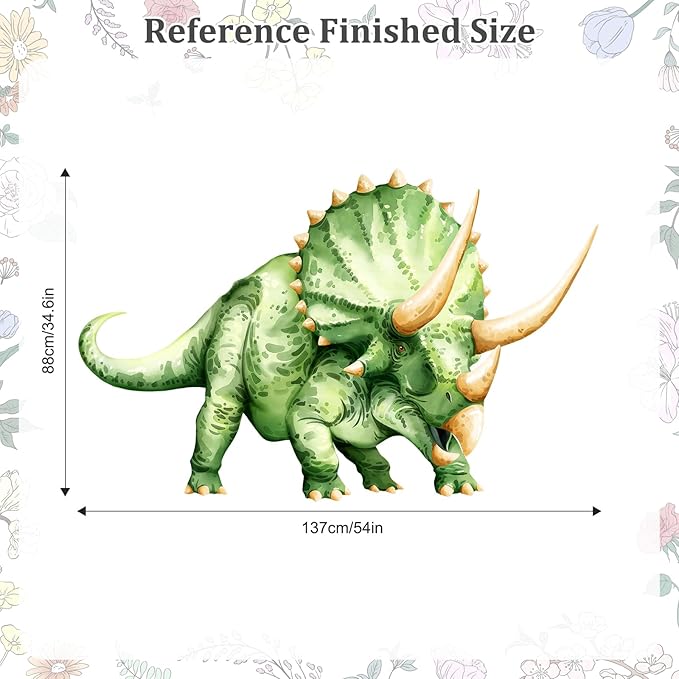 Large Dinosaur Wall Decals, Green Triceratops Dino Wall Stickers Vinyl Peel and Stick Wall Decal Self Adhesive Wall Art Sticker for Baby Nursery Kids Room Home Decor (53.7 * 34.4in)