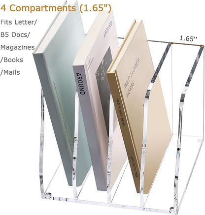 YUXUN Clear Acrylic File Folder Holder - 4 Vertical Compartments Desk Document Sorter, Upright Magazine Rack for Office/Home/Classroom, Stores Documents, Tablets, Magazines, Books & Accessories
