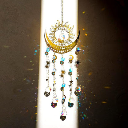 Artilady Sun and Moon Suncatcher - Large Crystal Wind Chimes for Outside Stained Glass Window Hanging Prisms Garden Backyard Ceiling Room Decor Christmas Housewarming Birthday Gift for Girls