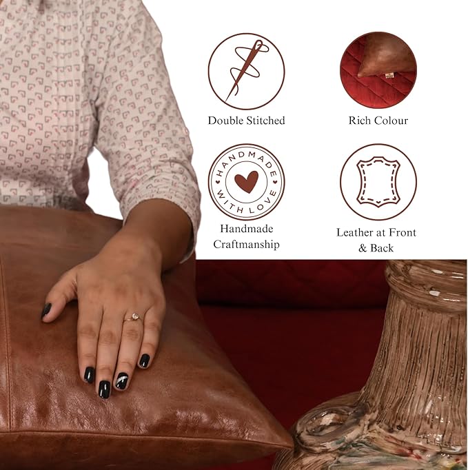 Lambskin Leather Pillow Cover - Sofa Cushion Case - Decorative Throw Covers for Living Room & Bedroom, 18x18 Inches - Tan & Brown Plain Pack of 1