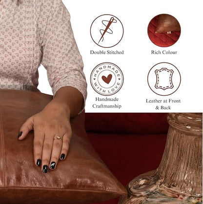 Lambskin Leather Pillow Cover - Sofa Cushion Case - Decorative Throw Covers for Living Room & Bedroom, 22x22 Inches - Tan & Brown Plain Pack of 2