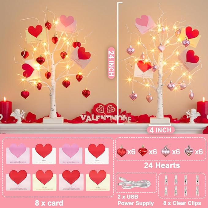 PEIDUO Valentine's Day Decorations, Set of 2 Gift Card Tree with 24 Hanging Heart Ornaments, for Home Indoor Bedroom Anniversary Wedding Party Decor, 6H/18H Timer