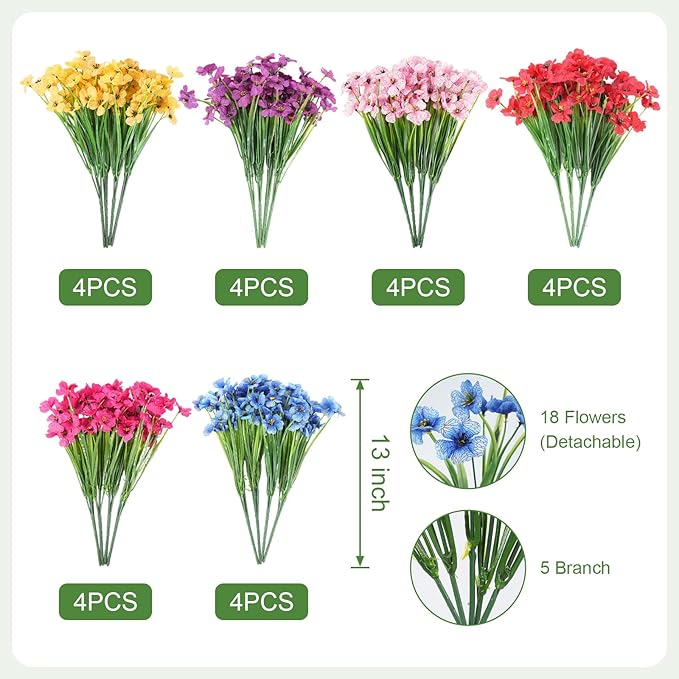 Artificial Flowers for Outdoor Faux Plants for Spring Summer Decoration, UV Resistant Realistic Silk Plastic Fake Flowers Garden Porch Patio Balcony Yard Front Home Decor, 24 Bundles