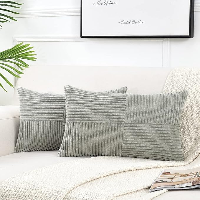 Fancy Homi 2 Packs Grey Lumbar Decorative Throw Pillow Covers 20x28 Inch for Living Room Couch Bed Sofa, Rustic Farmhouse Boho Home Decor, Soft Striped Corduroy Rectangle Accent Cushion Case 50x70 cm