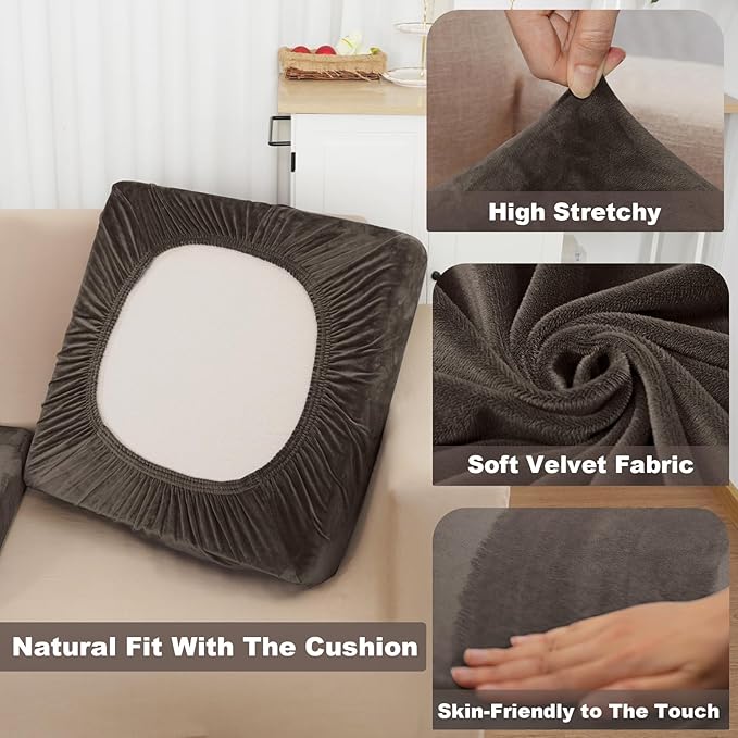 NAISI Sectional Couch Covers 8 Pieces Velvet Couch Cushion Covers L Shape Soft Stretch Sofa Slipcovers with 2pcs Pillowcases for Left/Right Chaise Sectional Couch(3 Seater+1 Chaise+4 Back,Brown)