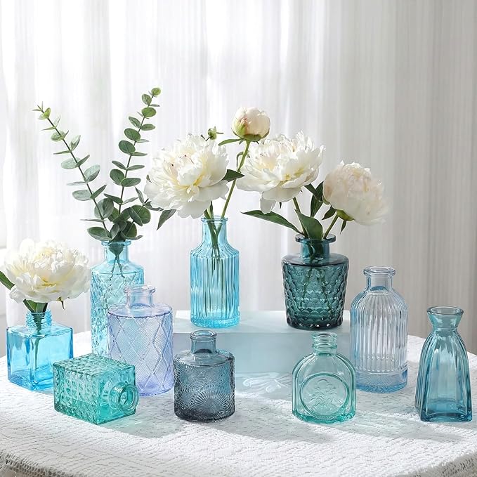 Set of 15 Blue Colored Glass Bud Vases - Small Textured Flower Vases for Centerpieces, Wedding Table Decor, Retro Home Decor Bulk Vase Set for DIY, Events & Gifts