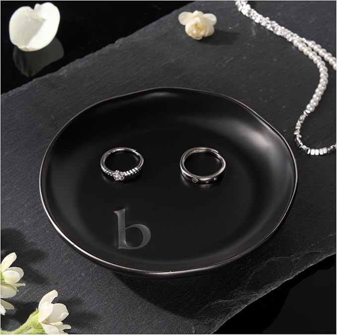 Lolalet Handmade Ceramic Ring Dish Jewelry Tray Plate with Initial, Small Monogram Gift for Her Women Girls Mother, Hostess, Engagement, Bridal Shower, Maid of Honor, Bridesmaid, Birthday, Christmas