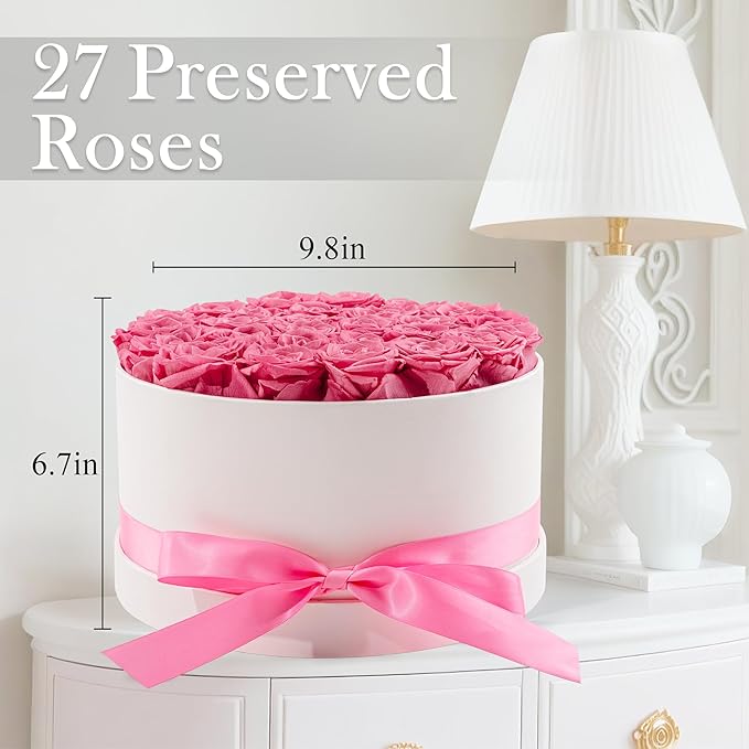 27 Forever Roses in Luxury White Box, Eternal Real Roses Birthday Gifts for Women, Preserved Flowers for Delivery Prime, Anniversary, Valentine's Day, Mothers Day for Mom (Pink)