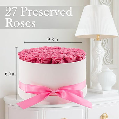 27 Forever Roses in Luxury White Box, Eternal Real Roses Birthday Gifts for Women, Preserved Flowers for Delivery Prime, Anniversary, Valentine's Day, Mothers Day for Mom (Pink)