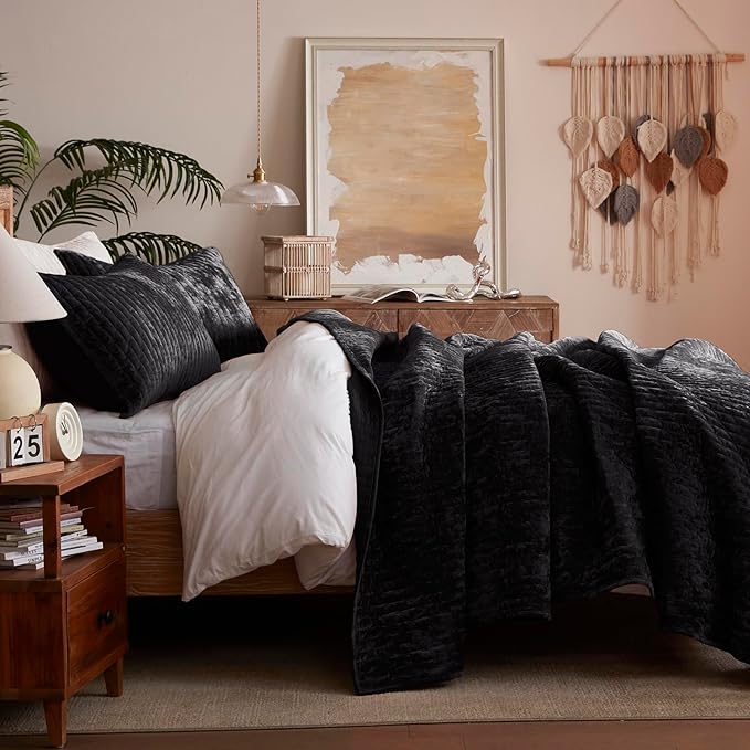 LEAONME Velvet Quilt Set Full/Queen Size 90''x98'', Lightweight Black Velvet Comforter Set with 2 Matching Shams, Soft Cross Stitch Bedspread Coverlet Bedding Set for All Season