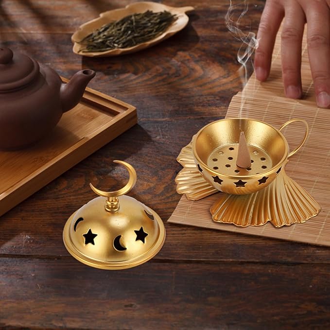 Incense Burner Metal Cones Incense Holder with Handle for Yoga, Spa Aromatherapy Golden Censer