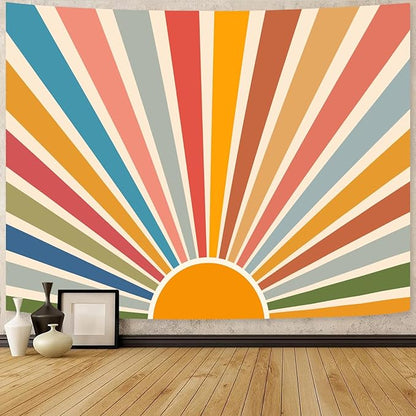 Kanuyee Boho Burning Sun Tapestry Wall Hanging, Retro 70s Abstract Vintage Geometric Rainbow Sunrise Tapestries for Bedroom Living Room Backdrop 44×60 inch