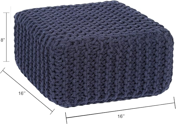 REDEARTH · Cube Low Pouf Foot Stool Ottoman - Hand Knitted Poof - Cord Boho Pouffe - Home Décor - Stuffed Footrest for Living Room - Nursery - Bedroom - Patio (16" x 16" x 8") - Navy Blue, Set of 2