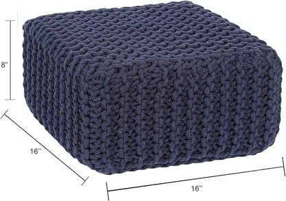 REDEARTH · Cube Low Pouf Foot Stool Ottoman - Hand Knitted Poof - Cord Boho Pouffe - Home Décor - Stuffed Footrest for Living Room - Nursery - Bedroom - Patio (16" x 16" x 8") - Navy Blue, Set of 2