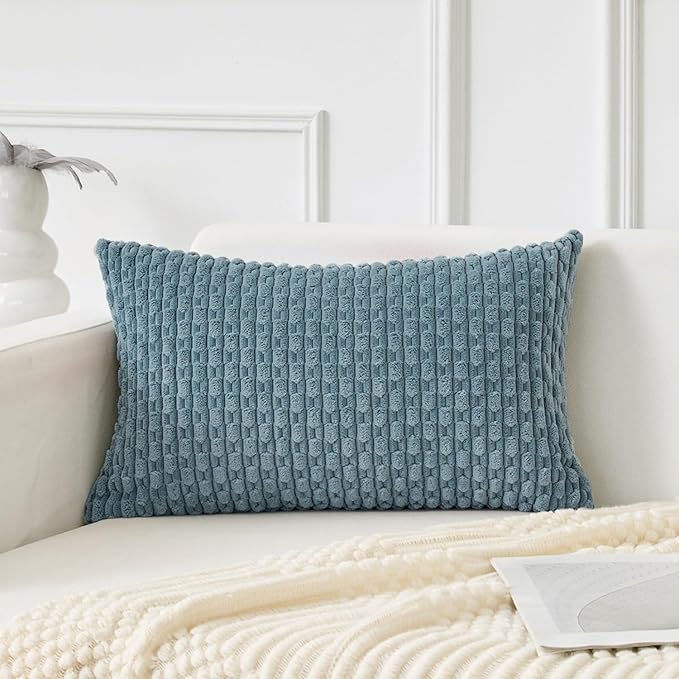 Kevin Textile 12x20 Inch Pillow Cover 1 Pack Boho Decorative Soft Striped Corduroy Lumbar Farmhouse Solid Color Accent Rectangle Cushion Case for Living Room Couch Sofa Bed, Blue Grey
