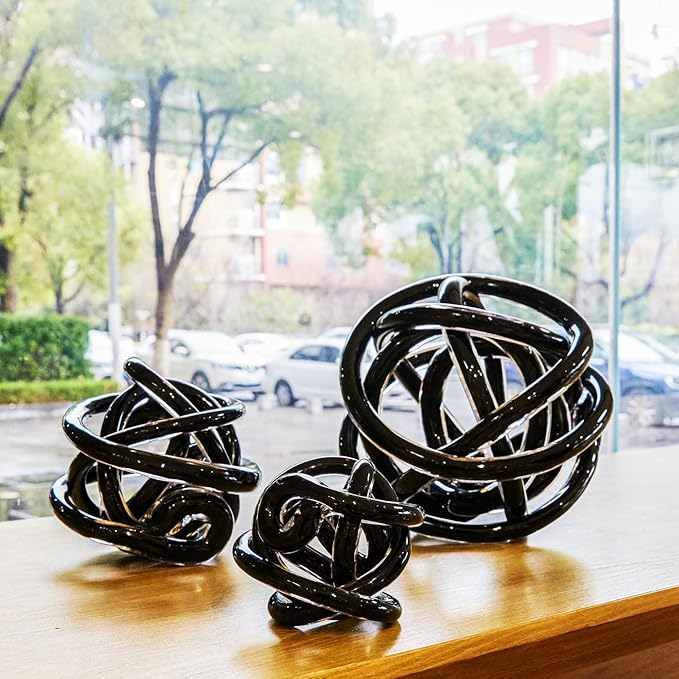 Luxury Lane Hand Blown Infinity Knot Sommerso Decorative Glass Ball for Bowls Home Decor 6 inch Tall Orbit Centerpiece Table Decoration Sculpture Black