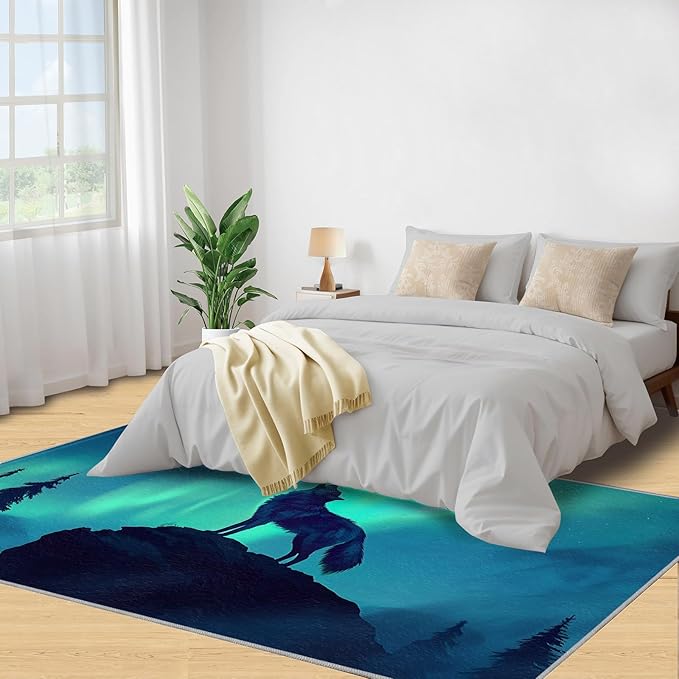 Wolf 2x3 Area Rugs for Living Room -Forest Washable Rug Aurora Non-Slip Carpet Indoor Floor Stain Resistant Thin Carpets for Bedroom Dining Room Home Office