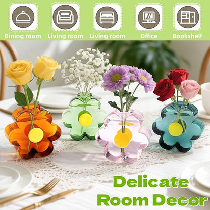 Covzoe 4 Pack Small Glass Vases, Colorful Unique Flower Shaped Vase, Cute Glass Bud Vases for Centerpieces, Girly Modern Decorative Mini Vase for Living Room Bedroom Shelf Home, Office, Wedding