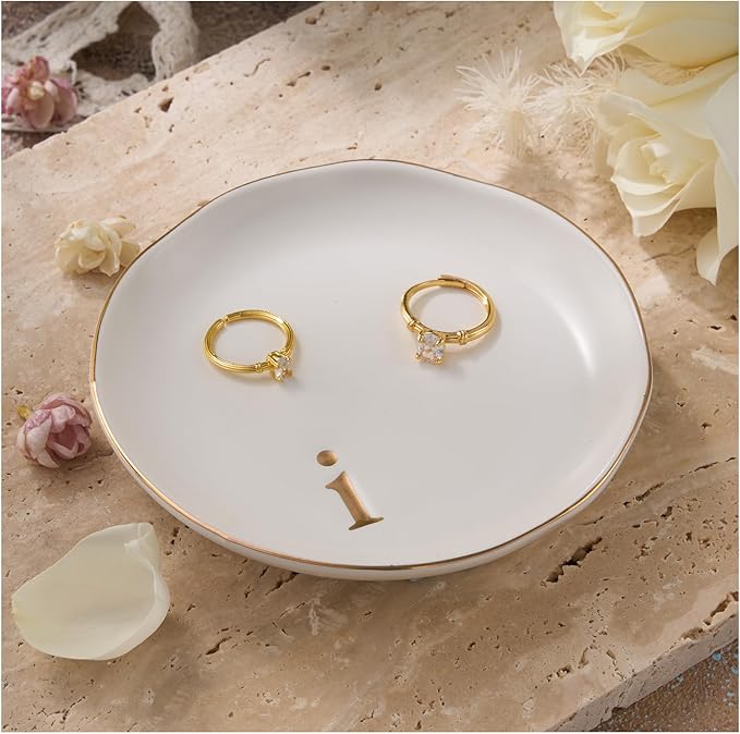 Lolalet Handmade Ceramic Ring Dish Jewelry Tray Plate with Initial, Small Monogram Gift for Her Women Girls Mother, Hostess, Engagement, Bridal Shower, Maid of Honor, Bridesmaid, Birthday, Christmas