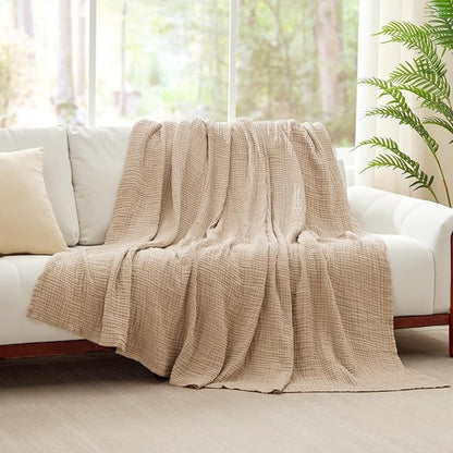 Cooling Throw Blanket Twin XL 66" x 90", 6 Layers Muslin Blankets 100% Cotton, Breathable and Lightweight Twin Blanket for Bed, Soft Bedspread, Gauze Bedding for All Season, Beige Linen