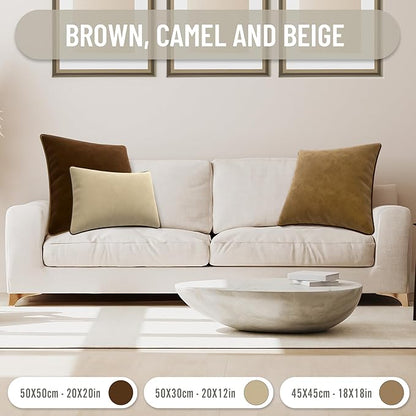 Set of 2 Decorative Throw Pillow Covers Cushion Cases. Soft Velvet. Contrast Pipping Edge. Filling Not Included. (20x20in, Camel/Beige)
