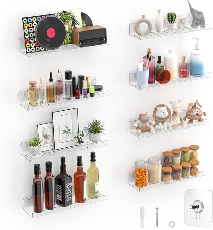 LAZYROSY 8 Pack Floating Shelves - Clear Acrylic/PET Wall Mounted Non-Drilling Storage Rack with Adhesive, Invisible Bathroom and Bedroom Shelves for Kitchen, Living Room, Clear Decoration