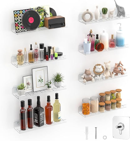 LAZYROSY 8 Pack Floating Shelves - Clear Acrylic/PET Wall Mounted Non-Drilling Storage Rack with Adhesive, Invisible Bathroom and Bedroom Shelves for Kitchen, Living Room, Clear Decoration