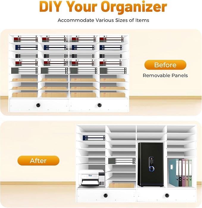 Literature Organizer with 32 Compartments | Adjustable Desktop File Sorter Mail Center for Home, Office & Classroom | PVC Paper Storage Cabinet with 2 Drawers and Shelves, White