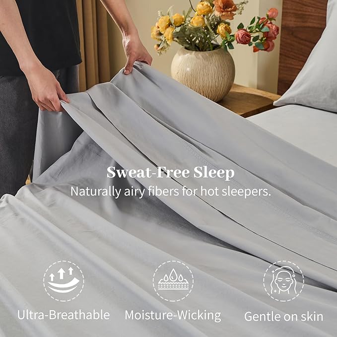 MEISHANG 100% French Pure Linen Sheets Queen Size - Bed Sheets 4 Piece Sets, Soft Durable Flax Linen, Anti-Tear Breathable Oeko-Tex Certified with 16" Deep Pocket (Silver Grey)