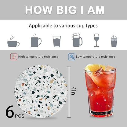 Terrazzo 6 Pcs Drink Coasters with Holder, Modern Granite Absorbent Round Ceramic Coaster for Tabletop Protection, for Coffee Cup Beverage Coasters Wine Beer Bar