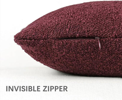 Boucle Decorative Throw Pillow Covers for Couch Set of 2, 24x24 inches, Burgundy