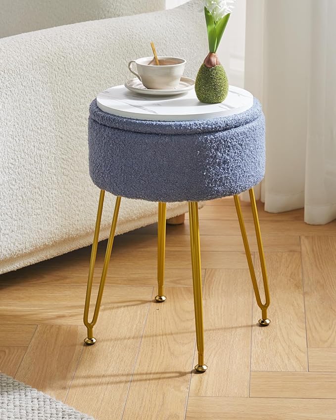IBUYKE Teddy Velvet Storage Footrest Stool Ottoman, Makeup Vanity Stool Side Table with Removable Cover, Golden Steel Legs, Coffee Table Top Cover, Gray Blue WBD010BU