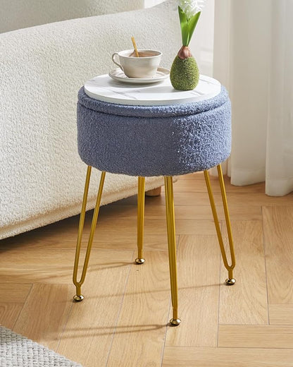 IBUYKE Teddy Velvet Storage Footrest Stool Ottoman, Makeup Vanity Stool Side Table with Removable Cover, Golden Steel Legs, Coffee Table Top Cover, Gray Blue WBD010BU