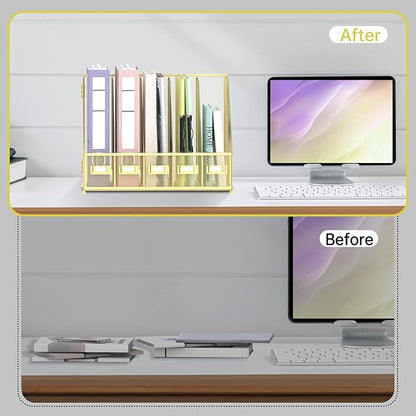 SUPEASY Desk Organizers Metal Desk Magazine File Holder with 5 Vertical Compartments Rack File Organizer for Office Desktop, Home Workspace, Gold Plus
