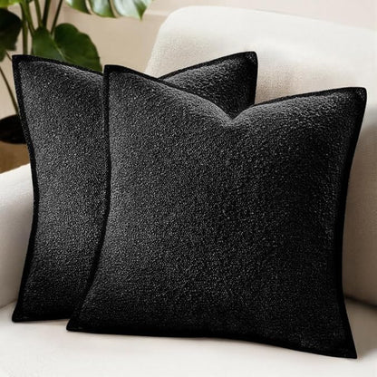 MIULEE Pack of 2 Decorative Textured Boucle Throw Pillow Covers 22x22 Inch Black Broadside Thick Boho Pillows for Farmhouse Accents Sofa Couch Bedroom Living Room Home Decor