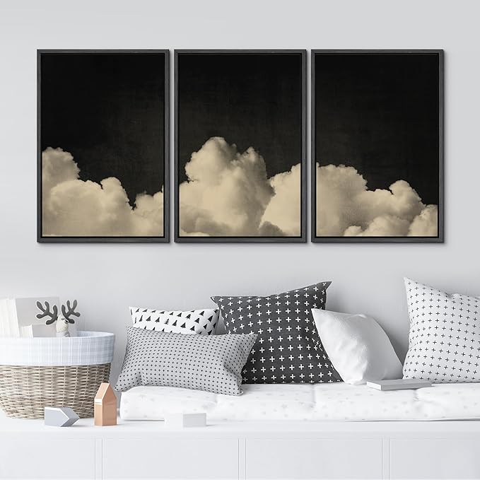 MUDECOR Framed Canvas Print Wall Art Dramatic Cloudscape Black and Beige Sky Illustrations Realism Decorative for Living Room, Bedroom, Office - 16"x24"x3 Black