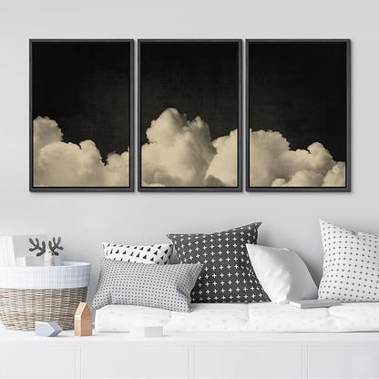 MUDECOR Framed Canvas Print Wall Art Dramatic Cloudscape Black and Beige Sky Illustrations Realism Decorative for Living Room, Bedroom, Office - 16"x24"x3 Black