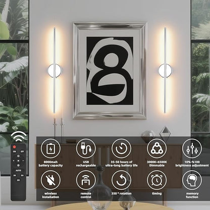 Battery Operated Wall Sconce Set of 2, Chrome 27.5" LED USB Rechargeable dimmable Wall Sconce with Remote Control, Rotate 350° for Living Room, Bedroom, Hallway and scones Lighting