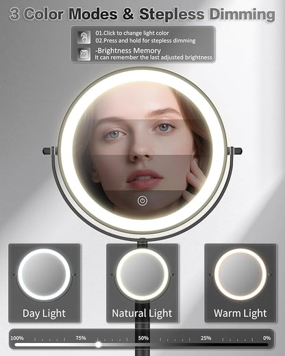 VFD 30X/1X Makeup Mirror with Lights, Height Adjustable Lighted Magnifying Vanity Mirror with 3 Lighting and Adjustable Brightness, 3000mAh Rechargeable Double Sided Switch for Desk Women Gift