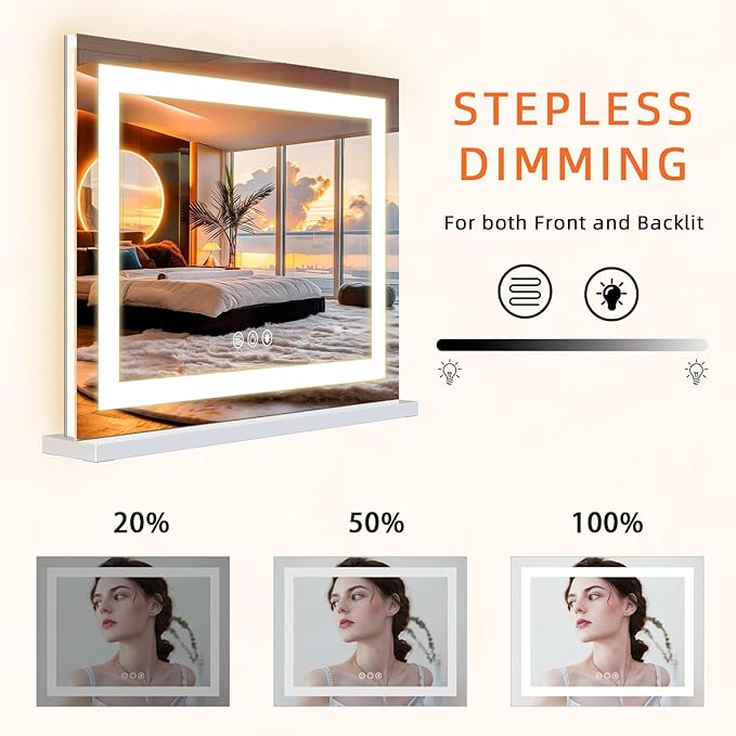 FENCHILIN Vanity Mirror with Lights, 22" x 19" Backlit + Front Lit Hollywood Makeup Vanity Mirror LED Strip with 3 Colors Modes Smart Touch for Dressing Room & Bedroom White
