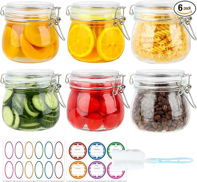 16 oz Glass Jars with Airtight Lids, 6 Pack Wide Mouth Mason Jars with Clamp Lids for Kitchen Canisters, Food Storage Containers for Pickling, Coffee, Spices, Sugar, Herbs