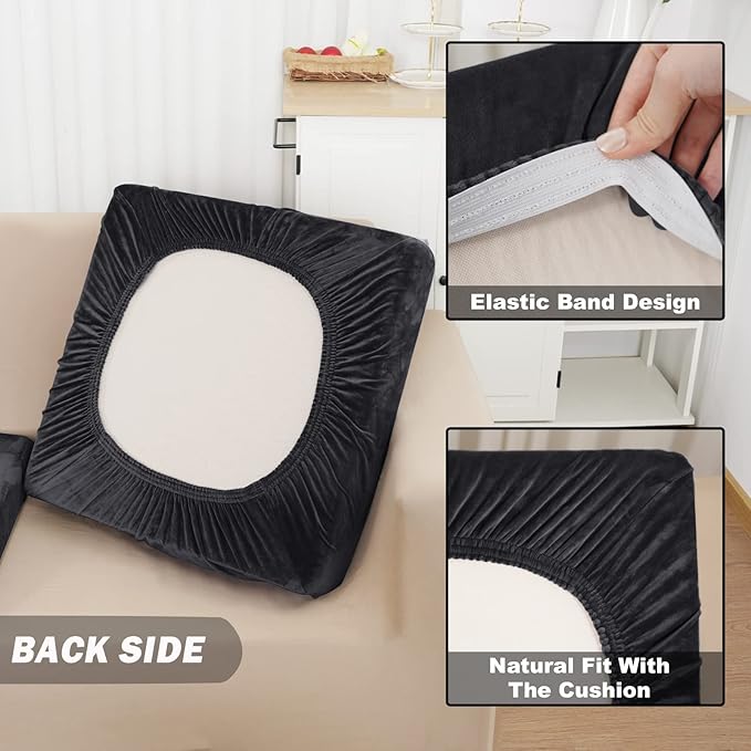 NAISI Sectional Couch Covers 8 Pieces Velvet Couch Cushion Covers L Shape Soft Stretch Sofa Slipcovers with 2pcs Pillowcases for Left/Right Chaise Sectional Couch(3 Seater+1 Chaise+4 Back,Black)