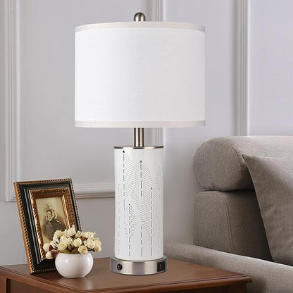 Ceramic Beautifully Engraved Decorative 25" Table Lamps Set of 2 with Nightlight,E26 Socket&Rotary Switch,USB A+C Ports,Modern Bedside Lamps for Nightstand,Bedroom(Bulbs Included)