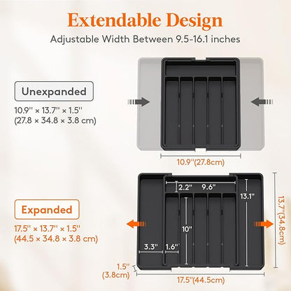 Lifewit Silverware Drawer Organizer, Expandable Utensil Tray for Kitchen, BPA Free Flatware and Cutlery Holder, Adjustable Plastic Storage for Spoons Forks Knives, 10.9"-17.5" x 13.7", Black