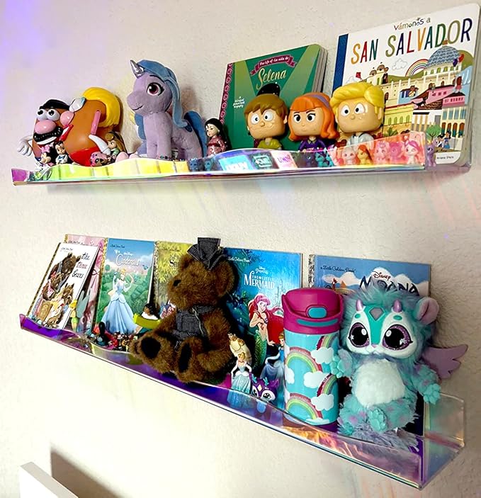 YMVV 35.4 Inches Iridescent Clear Acrylic Books Shelves for Kids Rooms, Floating Shelf Wall Display Bookshelf, Modern Thickened Storage Ledge Shelves Toy Display Organizer Decor 2 Pack