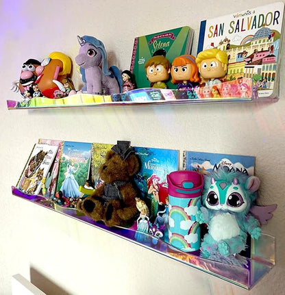 YMVV 35.4 Inches Iridescent Clear Acrylic Books Shelves for Kids Rooms, Floating Shelf Wall Display Bookshelf, Modern Thickened Storage Ledge Shelves Toy Display Organizer Decor 2 Pack