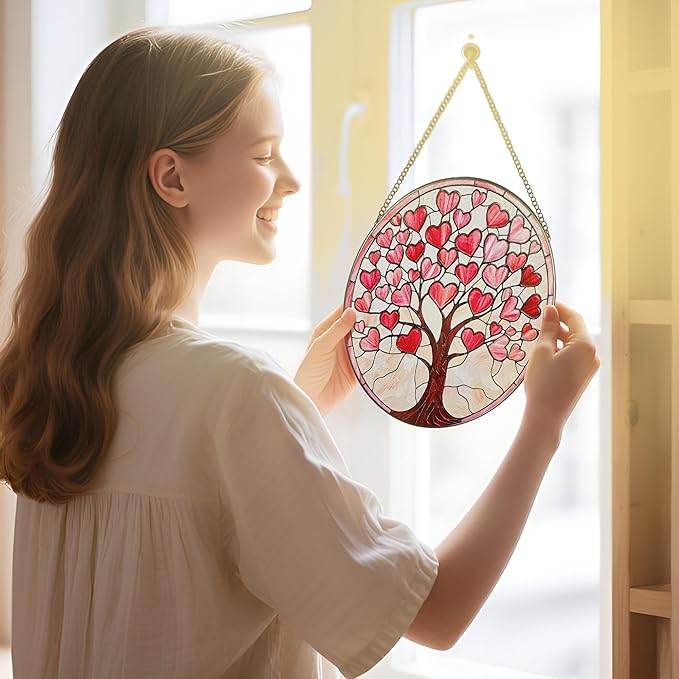 Stained Glass Window Hanging - 8 Inch Love Heart Tree Sun Catcher, Suncatcher Window Decor | Anniversary, Birthday, Christmas, Mother's Day, Valentine’s Day Gifts for Lover, Wife, Girlfriend, Mom